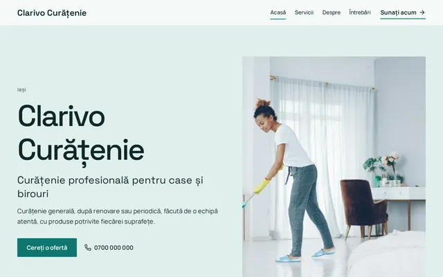 Exemplu fictiv: prima pagină a site-ului Clarivo Curățenie