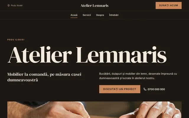 Exemplu fictiv: prima pagină a site-ului Atelier Lemnaris