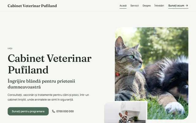 Exemplu fictiv: prima pagină a site-ului Cabinet Veterinar Pufiland