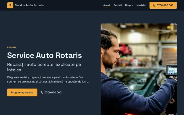 Exemplu fictiv: prima pagină a site-ului Service Auto Rotaris